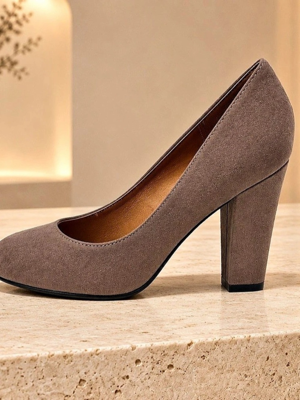 Bamboo Amuse-01M Women’s US 7 Taupe Solid Round Toe Slip On Block Heel Pumps